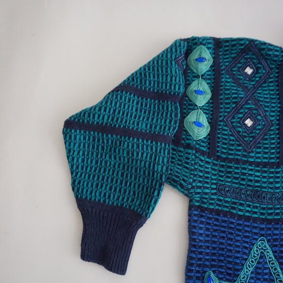 Vintage Bonnie Blue Teal Geometric Beaded Collared Button Front Sweater L - Picture 10 of 11